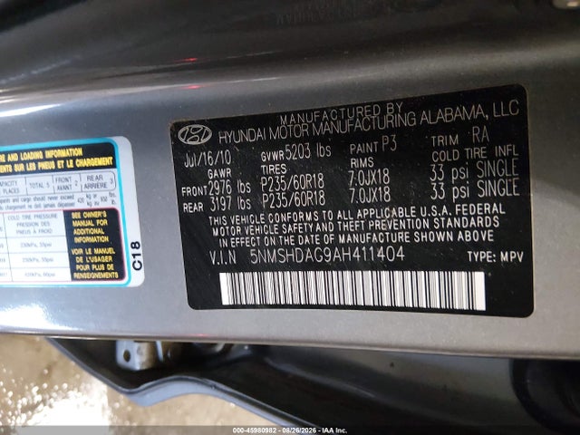 2010 Hyundai Santa Fe Se მანქანა იყიდება აუქციონზე, vin: 5NMSHDAG9AH411404, აუქციონის ნომერი: 45980982