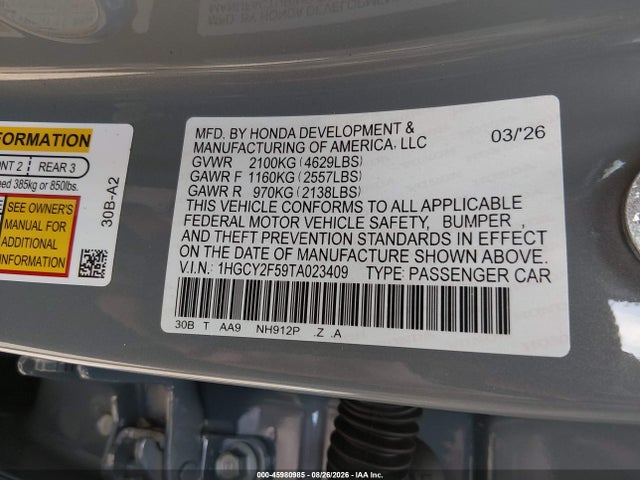 2026 Honda Accord Hybrid Sport მანქანა იყიდება აუქციონზე, vin: 1HGCY2F59TA023409, აუქციონის ნომერი: 45980985