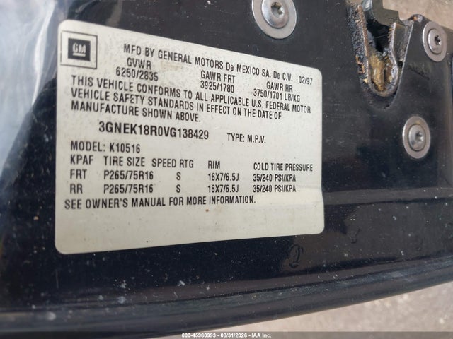 Aukcja sprzedaży 1997 Chevrolet Tahoe, vin: 3GNEK18R0VG138429, numer aukcji: 45980993