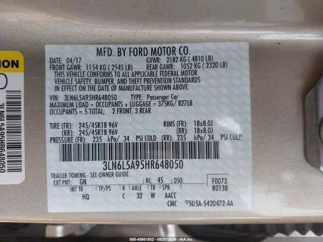 45981002 :رقم المزاد ، 3LN6L5A95HR648050 vin ، 2017 Lincoln Mkz Premiere مزاد بيع
