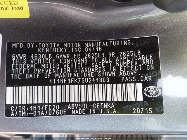 2016 Toyota Camry Le მანქანა იყიდება აუქციონზე, vin: 4T1BF1FK7GU241803, აუქციონის ნომერი: 45981004