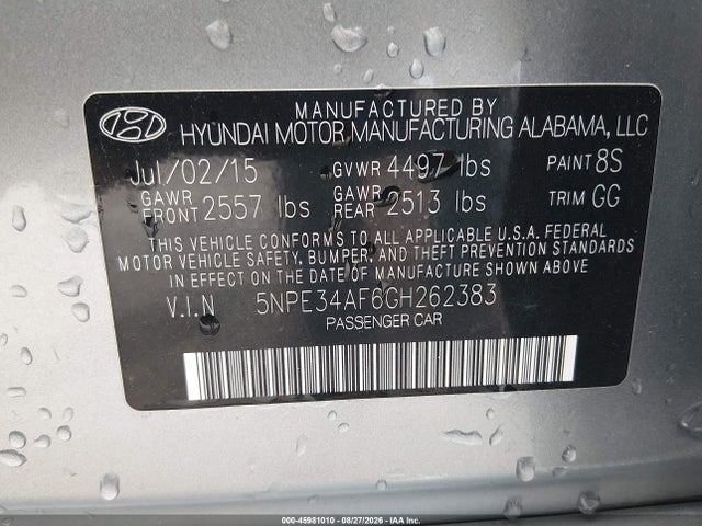 Aukcja sprzedaży 2016 Hyundai Sonata Sport, vin: 5NPE34AF6GH262383, numer aukcji: 45981010