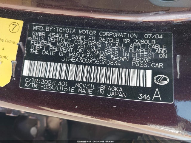 Aukcja sprzedaży 2005 Lexus Es 330, vin: JTHBA30GX55060834, numer aukcji: 45981011