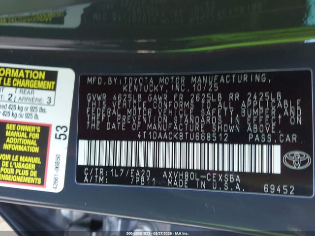 Aukcja sprzedaży 2026 Toyota Camry Se, vin: 4T1DAACK8TU668512, numer aukcji: 45981023