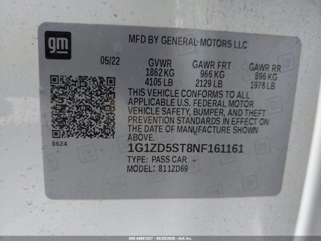 Aukcja sprzedaży 2022 Chevrolet Malibu Fwd Lt, vin: 1G1ZD5ST8NF161161, numer aukcji: 45981037
