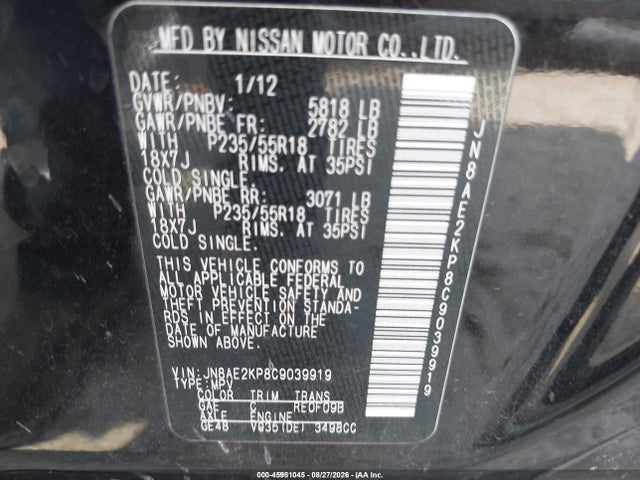 2012 Nissan Quest Le მანქანა იყიდება აუქციონზე, vin: JN8AE2KP8C9039919, აუქციონის ნომერი: 45981045