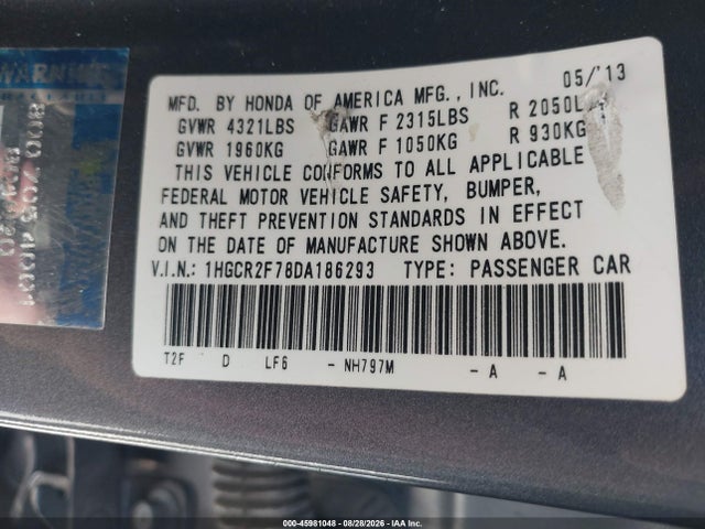 2013 Honda Accord Ex მანქანა იყიდება აუქციონზე, vin: 1HGCR2F78DA186293, აუქციონის ნომერი: 45981048