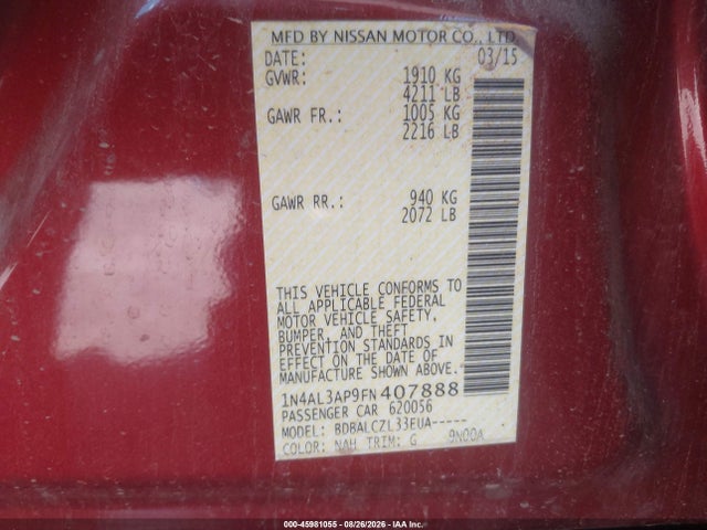 2015 Nissan Altima 2.5 S მანქანა იყიდება აუქციონზე, vin: 1N4AL3AP9FN407888, აუქციონის ნომერი: 45981055