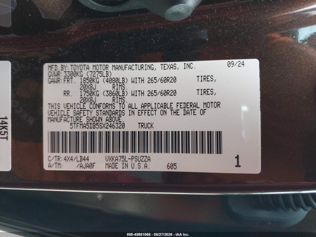 2025 Toyota Tundra 1794 Edition მანქანა იყიდება აუქციონზე, vin: 5TFMA5DB5SX246320, აუქციონის ნომერი: 45981068