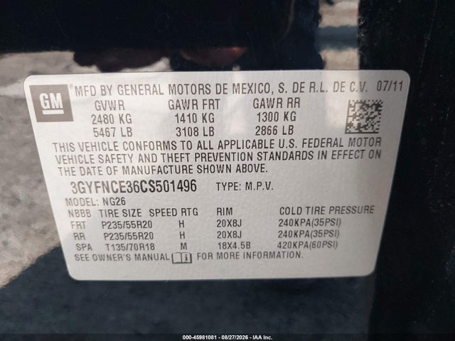 45981081 :رقم المزاد ، 3GYFNCE36CS501496 vin ، 2012 Cadillac Srx Premium Collection مزاد بيع