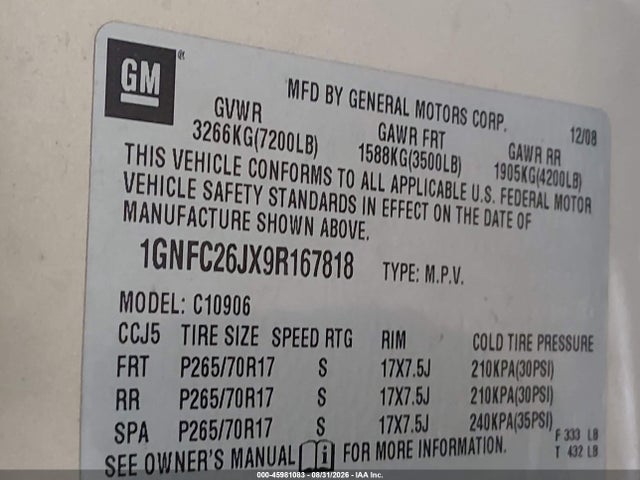 Продажа на аукционе авто 2009 Chevrolet Suburban 1500 Lt2, vin: 1GNFC26JX9R167818, номер лота: 45981083