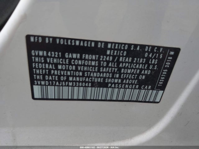 45981102 :رقم المزاد ، 3VWD17AJ5FM336048 vin ، 2015 Volkswagen Jetta 1.8t Se مزاد بيع