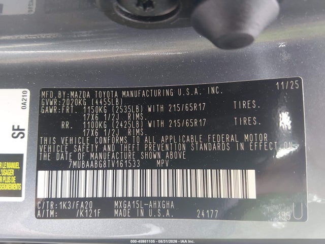 Auction sale of the 2026 Toyota Corolla Cross Le, vin: 7MUBAABG8TV161533, lot number: 45981105