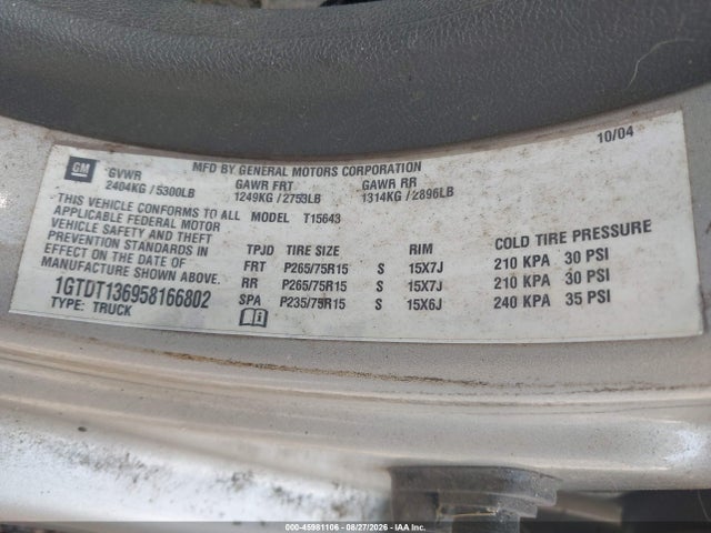 Продаж на аукціоні авто 2005 Gmc Canyon Sle, vin: 1GTDT136958166802, номер лоту: 45981106