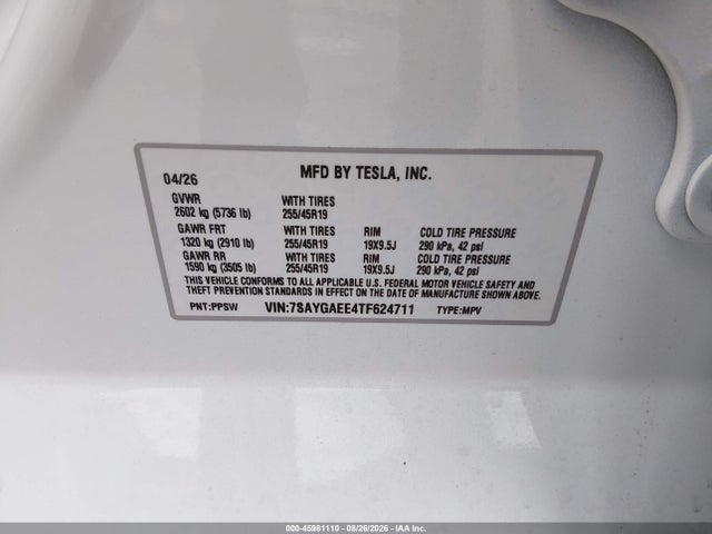 Aukcja sprzedaży 2026 Tesla Model Y All-wheel Drive/long Range Launch Series/premium All-wheel Drive, vin: 7SAYGAEE4TF624711, numer aukcji: 45981110