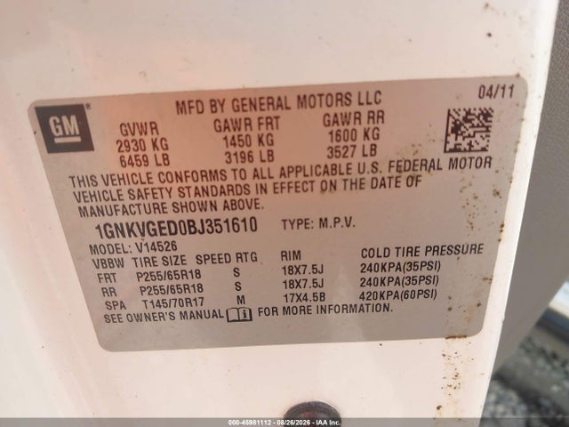 Aukcja sprzedaży 2011 Chevrolet Traverse 1lt, vin: 1GNKVGED0BJ351610, numer aukcji: 45981112