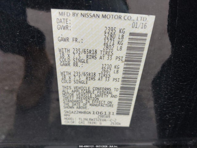 45981121 :رقم المزاد ، 5N1AZ2MH8GN106131 vin ، 2016 Nissan Murano Sl مزاد بيع