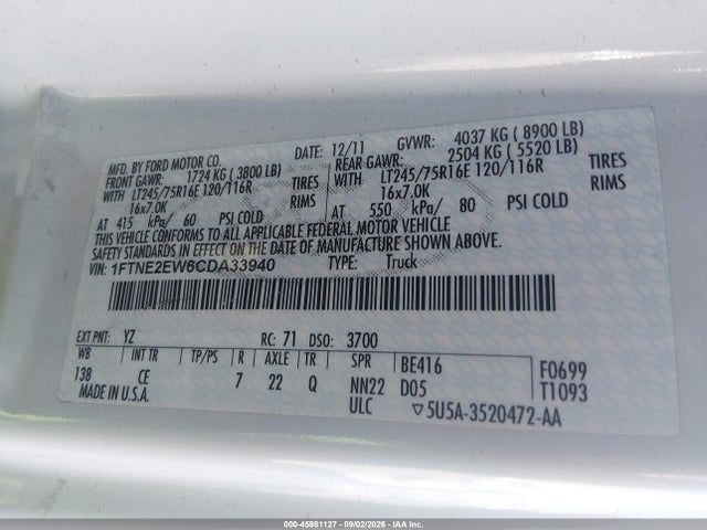 Продажа на аукционе авто 2012 Ford E-250 Commercial, vin: 1FTNE2EW6CDA33940, номер лота: 45981127