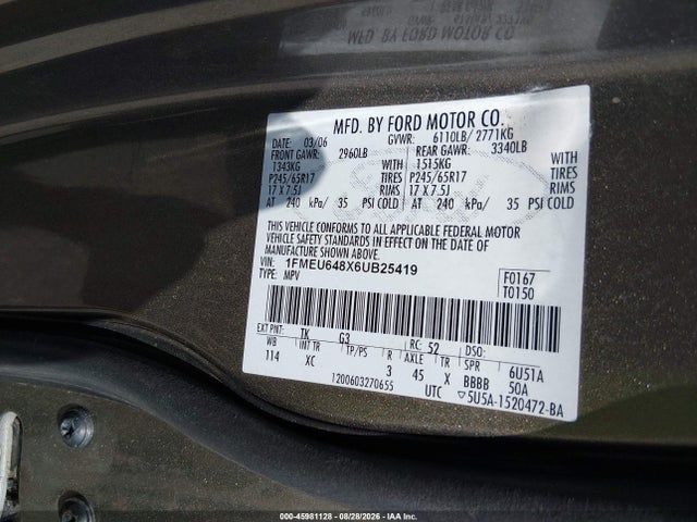 Aukcja sprzedaży 2006 Ford Explorer Eddie Bauer, vin: 1FMEU648X6UB25419, numer aukcji: 45981128