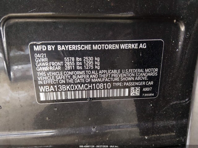 45981130 :رقم المزاد ، WBA13BK0XMCH10810 vin ، 2021 Bmw M550i Xdrive مزاد بيع