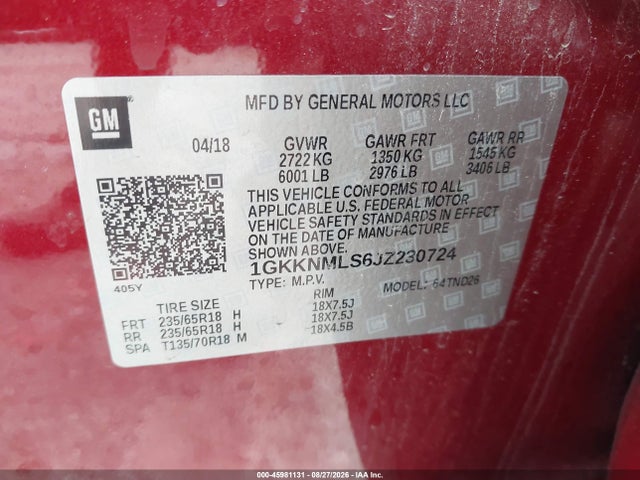 Aukcja sprzedaży 2018 Gmc Acadia Slt-1, vin: 1GKKNMLS6JZ230724, numer aukcji: 45981131