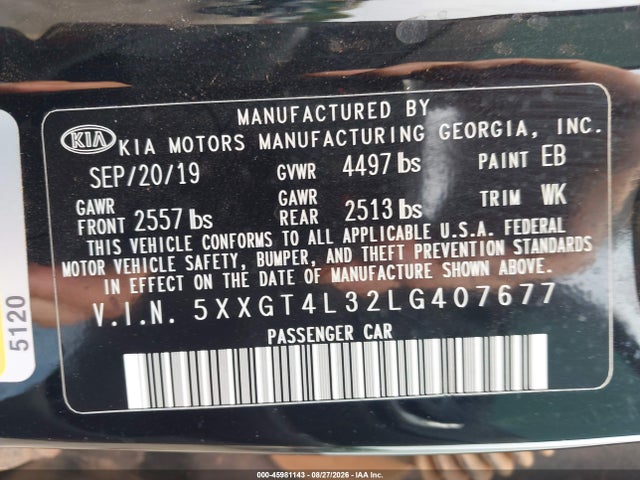Aukcja sprzedaży 2020 Kia Optima Lx, vin: 5XXGT4L32LG407677, numer aukcji: 45981143