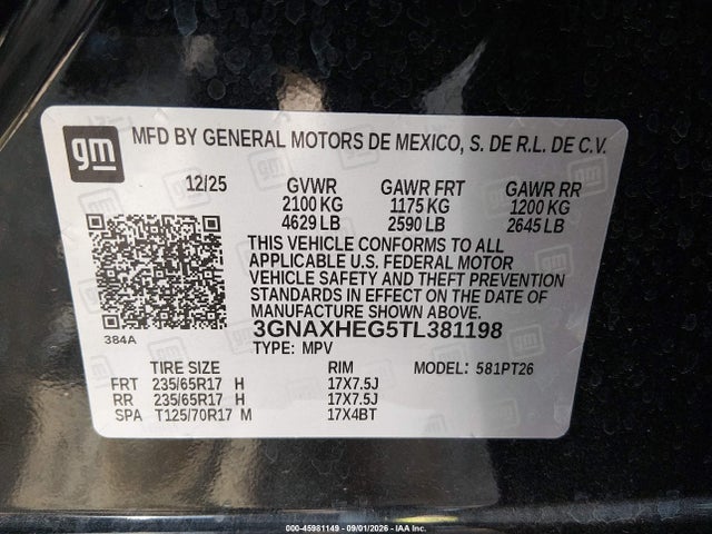 Продажа на аукционе авто 2026 Chevrolet Equinox Fwd Lt, vin: 3GNAXHEG5TL381198, номер лота: 45981149