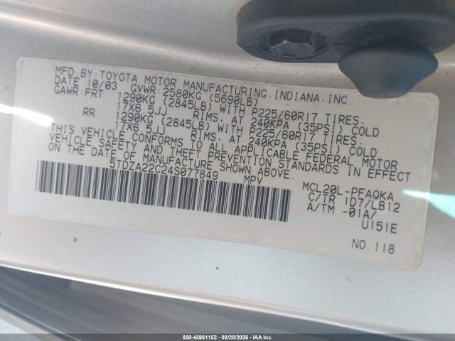 2004 Toyota Sienna Xle Limited მანქანა იყიდება აუქციონზე, vin: 5TDZA22C24S077849, აუქციონის ნომერი: 45981152