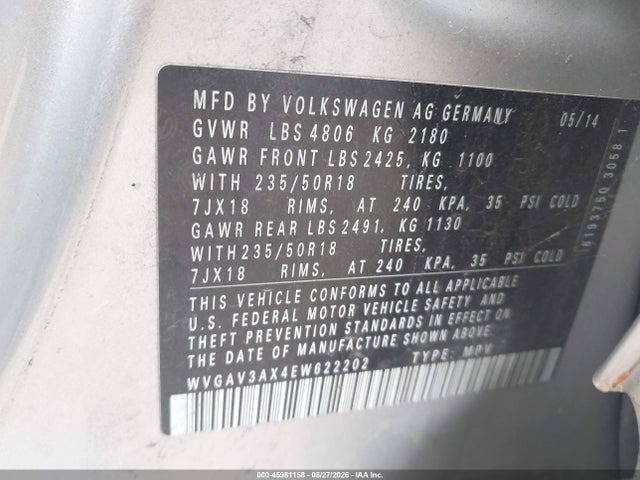 Продажа на аукционе авто 2014 Volkswagen Tiguan Sel, vin: WVGAV3AX4EW622202, номер лота: 45981158