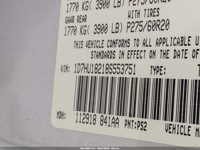 45981174 :رقم المزاد ، 1D7HU18218S553751 vin ، 2008 Dodge Ram 1500 Slt مزاد بيع