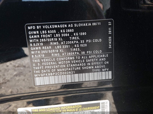 Aukcja sprzedaży 2012 Volkswagen Touareg Tdi Lux, vin: WVGFK9BP2CD002621, numer aukcji: 45981187