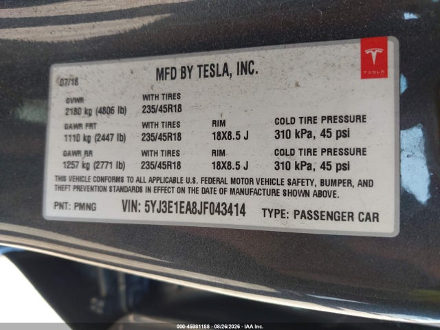 Tesla Model 3 Long Range/mid Range 2018 5YJ3E1EA8JF043414 Image 9