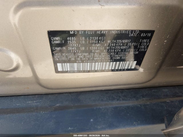 45981203 :رقم المزاد ، 4S4BSAFC8F3311897 vin ، 2015 Subaru Outback 2.5i Premium مزاد بيع