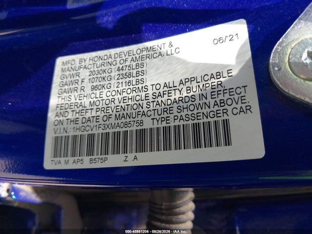 45981206 :رقم المزاد ، 1HGCV1F3XMA085758 vin ، 2021 Honda Accord Sport مزاد بيع