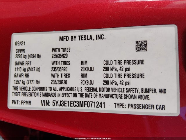 Tesla Model 3 Performance Dual Motor All-wheel Drive 2021 5YJ3E1EC3MF071241 Image 9