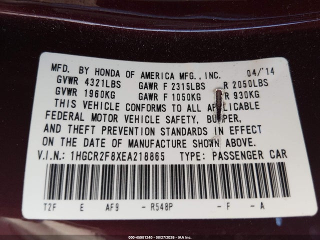 Aukcja sprzedaży 2014 Honda Accord Ex-l, vin: 1HGCR2F8XEA218865, numer aukcji: 45981240