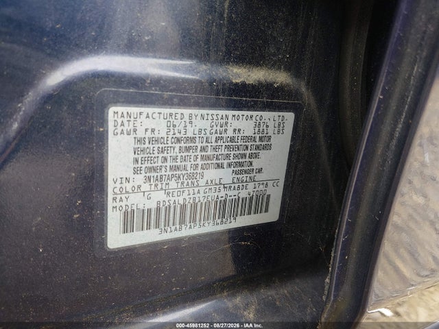45981252 :رقم المزاد ، 3N1AB7AP5KY368219 vin ، 2019 Nissan Sentra Sv مزاد بيع