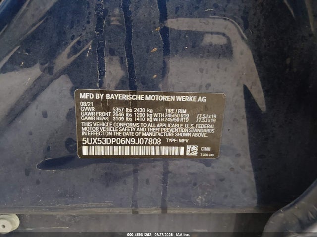 Aukcja sprzedaży 2022 Bmw X3 Xdrive30i, vin: 5UX53DP06N9J07808, numer aukcji: 45981262