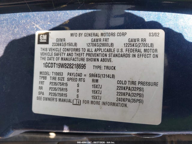 Продажа на аукционе авто 2002 Chevrolet S-10 Ls, vin: 1GCDT19W828218696, номер лота: 45981267