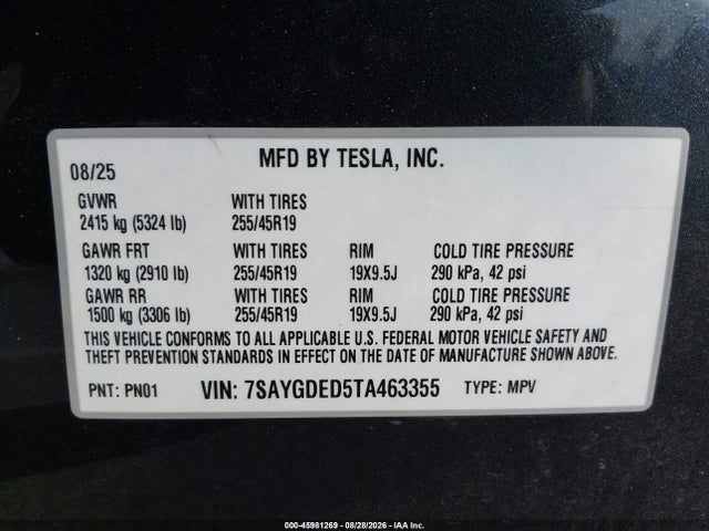 Aukcja sprzedaży 2026 Tesla Model Y Premium Rear-wheel Drive/rear-wheel Drive, vin: 7SAYGDED5TA463355, numer aukcji: 45981269