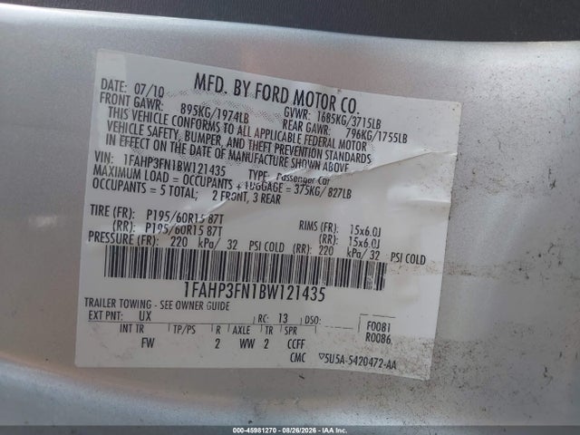 Продажа на аукционе авто 2011 Ford Focus Se, vin: 1FAHP3FN1BW121435, номер лота: 45981270