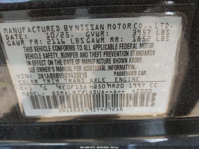 Aukcja sprzedaży 2025 Nissan Sentra S, vin: 3N1AB8BV9SY429218, numer aukcji: 45981273