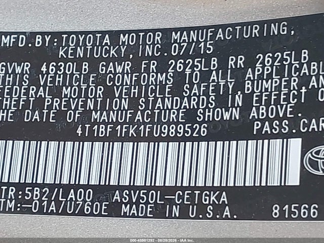 Toyota CAMRY XLE 2015 4T1BF1FK1FU989526 Image 9