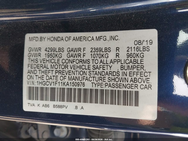 Продаж на аукціоні авто 2019 Honda Accord Lx, vin: 1HGCV1F11KA150976, номер лоту: 45981293