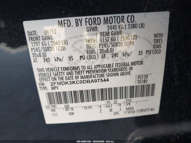 Aukcja sprzedaży 2013 Ford Edge Limited, vin: 2FMDK3KC0DBA97544, numer aukcji: 45981294