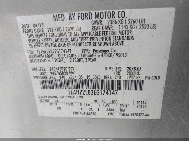 45981297 :رقم المزاد ، 1FAHP2E82EG174147 vin ، 2014 Ford Taurus Sel مزاد بيع