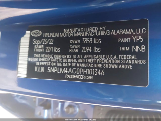 45981299 :رقم المزاد ، 5NPLM4AG0PH101346 vin ، 2023 Hyundai Elantra Sel مزاد بيع
