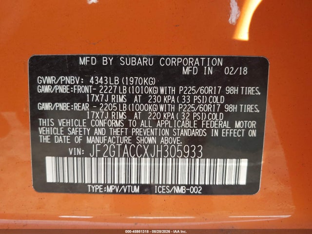 Aukcja sprzedaży 2018 Subaru Crosstrek 2.0i Premium, vin: JF2GTACCXJH305933, numer aukcji: 45981318