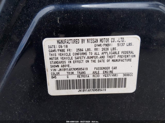 Продажа на аукционе авто 2019 Infiniti Q70 3.7x Luxe, vin: JN1BY1AR7KM585419, номер лота: 45981320