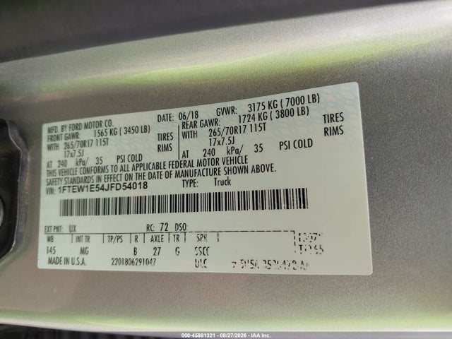 Продаж на аукціоні авто 2018 Ford F-150 Xlt, vin: 1FTEW1E54JFD54018, номер лоту: 45981321